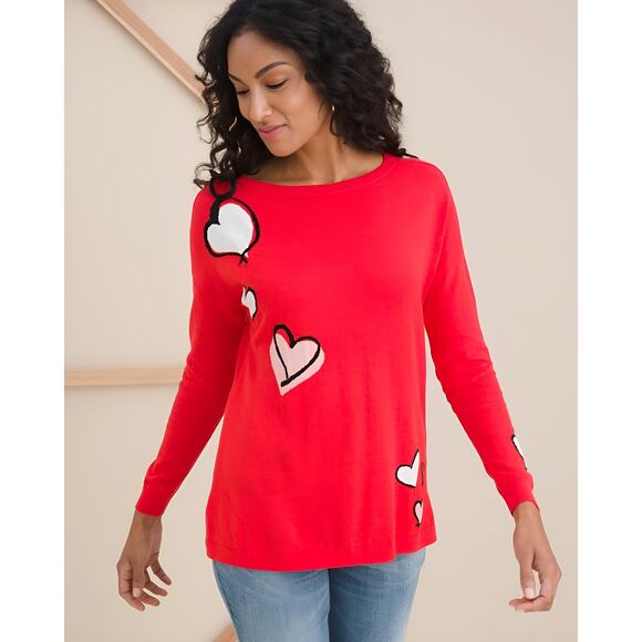 Chicos Womens Romantic Valentines Day Knit Floating Hearts Sweater Size M Red - Picture 1 of 7